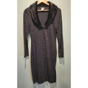 Gray Black Faux Fur Collar Lightweight Long Cardigan Sweater Sz M Mobwife